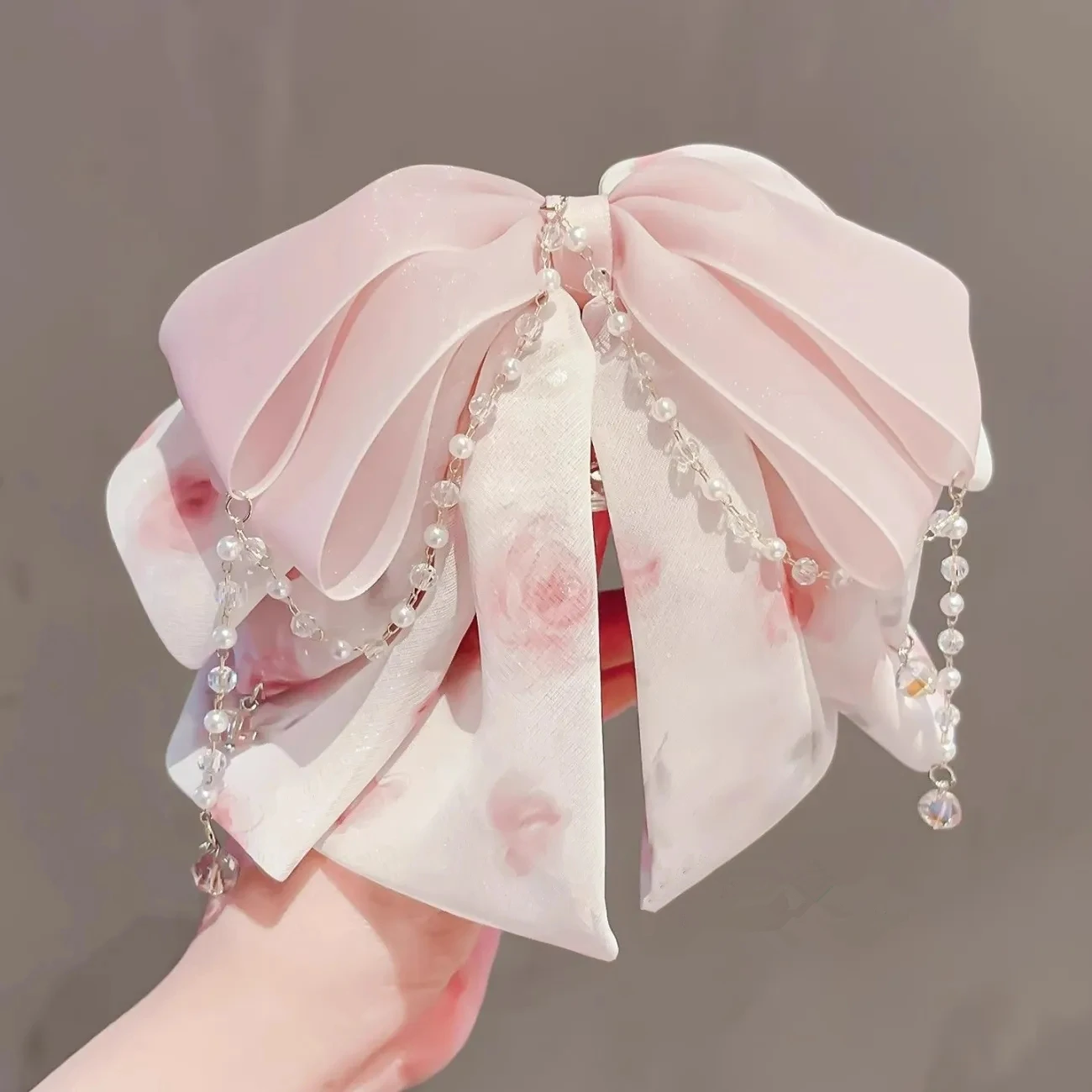 

Rose Print Mesh Bow Hair Clip French Crystal Pearl Ponytail Clip For Women Girls