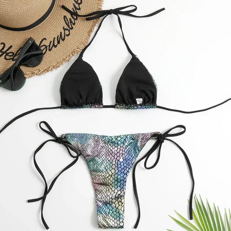 Fish Scales Shiny Halter Triangle Bikinis Set Swimwear Women Micro Thong Swimsuits Swimming Suit Biquinis Bikinis Mujer Swim