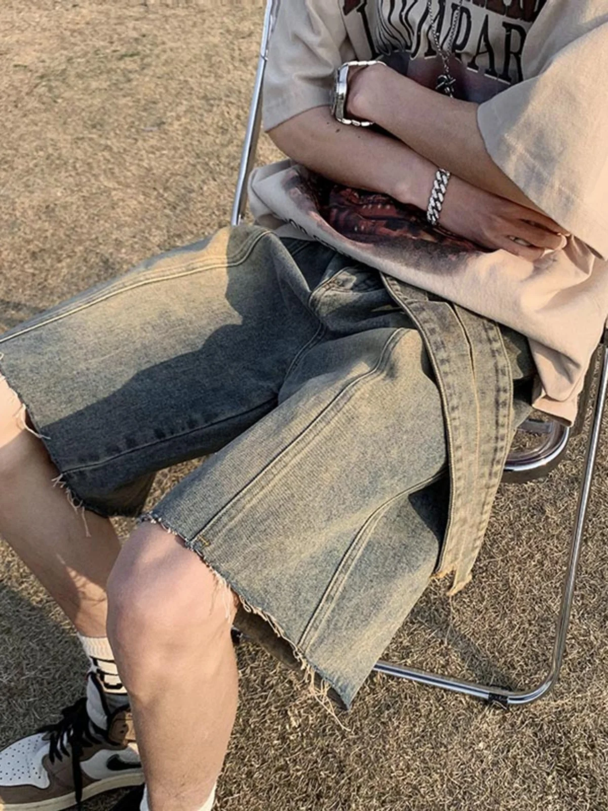 

Washed Denim Short Pants Men Summer American Retro Street Style Loose Wide Leg Five-Quarter Trendy Jeans Straight Cut Casual ...
