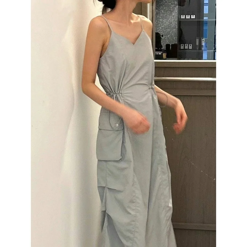 

Korean Style Fashionable Solid Color Hang Up Dress For Women's 2024 Summer Slim Fit Backless Work Dress Simple Sleeveless Skirt