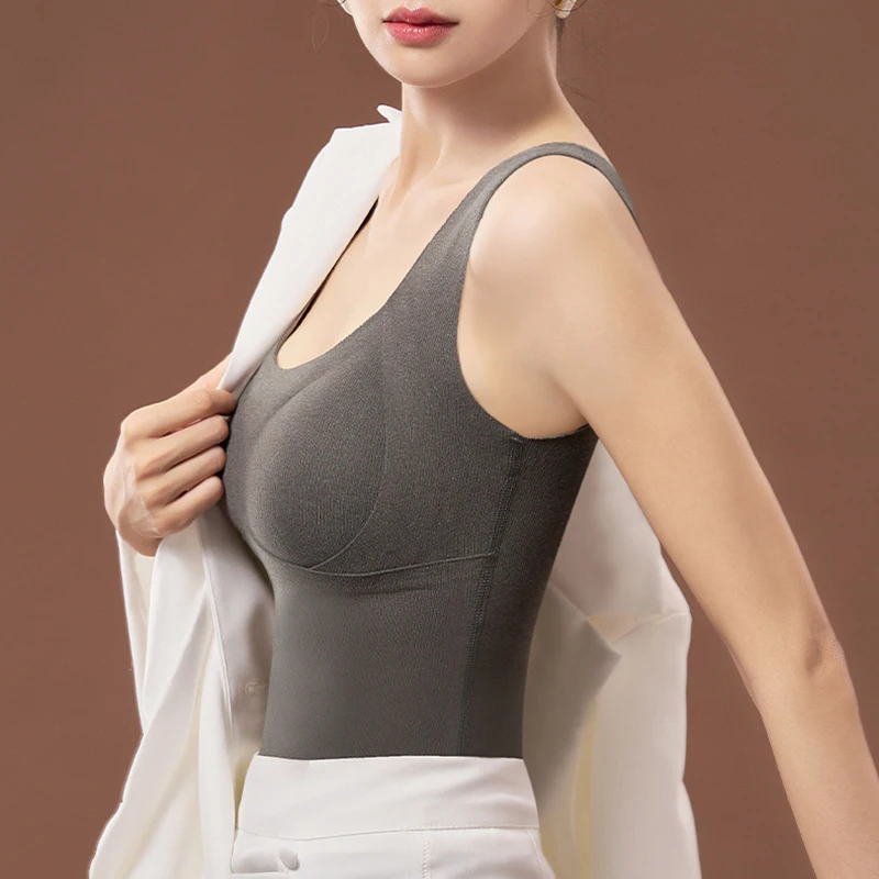 Simple Round Neck Collar Slim Fit Warm Women Vest Sleeveless Silk lining Fixed One Piece Cup No Steel Ring Two In One