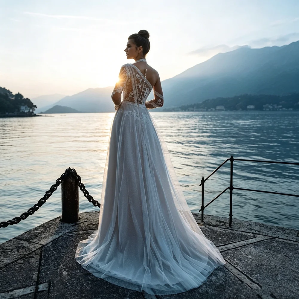 One Shoulder Long Sleeve Lace Applique Wedding Dress Illusion Back A Line Tulle Bridal Gown Train Wedding Party Robe De Mariee