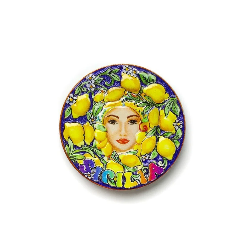 

Sicilia (Italy, Europe) Circular Fridge Magnet, Ceramic Woman Face with Lemons/Floral, Strong Magnet for Refrigerator, Cute Home