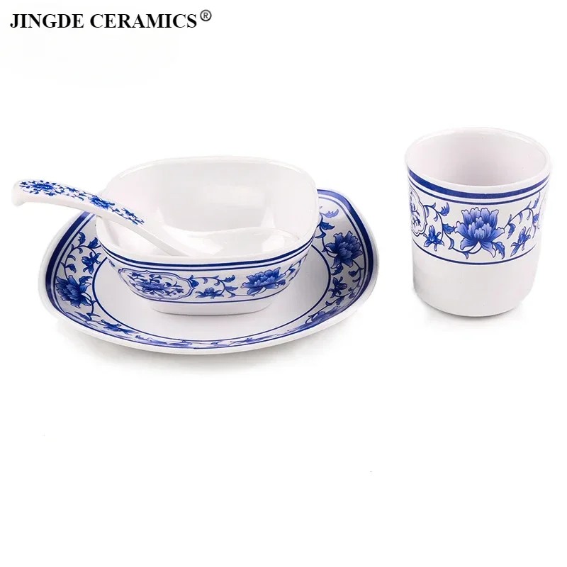 4pcs/set cup*1, bowl*1 , dish*1, spoon*1.Made of food grade melamine material, not easily damaged.Restaurant/household tableware