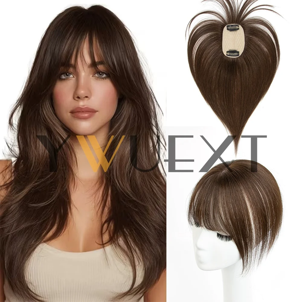Topper de cabello humano real de color marrón oscuro, 5x9 cm, de 8 a 14 pulgadas, liso, con raya en medio y flequillo, Sahara Hair para mujer, Black Friday