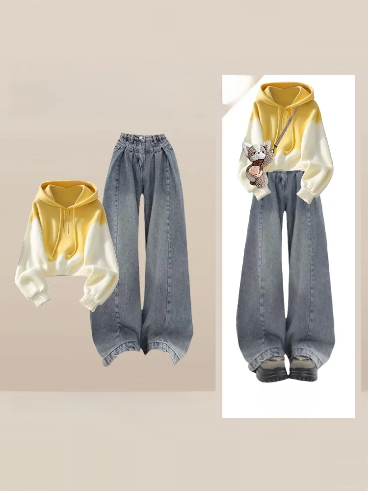 

Корейский модный комплект из двух предметов: худи с капюшоном и широкие джинсы с высокой талией, осенне-зимний, с буквенным принтом