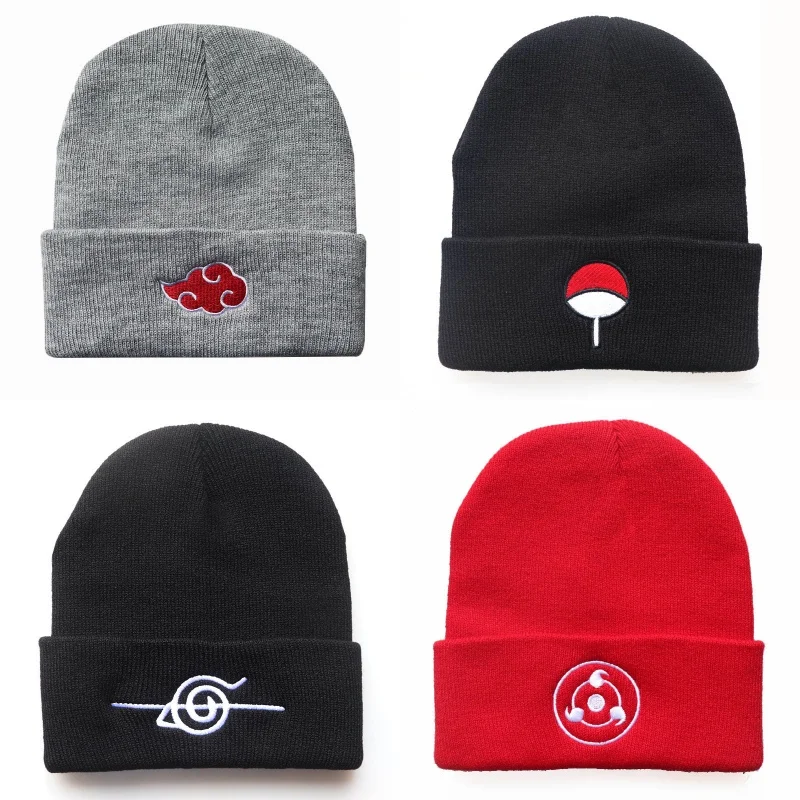 Anime Naruto Knitted Hat Boy Girl Red Cloud Uchiha Embroidered Pullover Hat Men Female Street Hip-Hop Hat Children Holiday Gifts