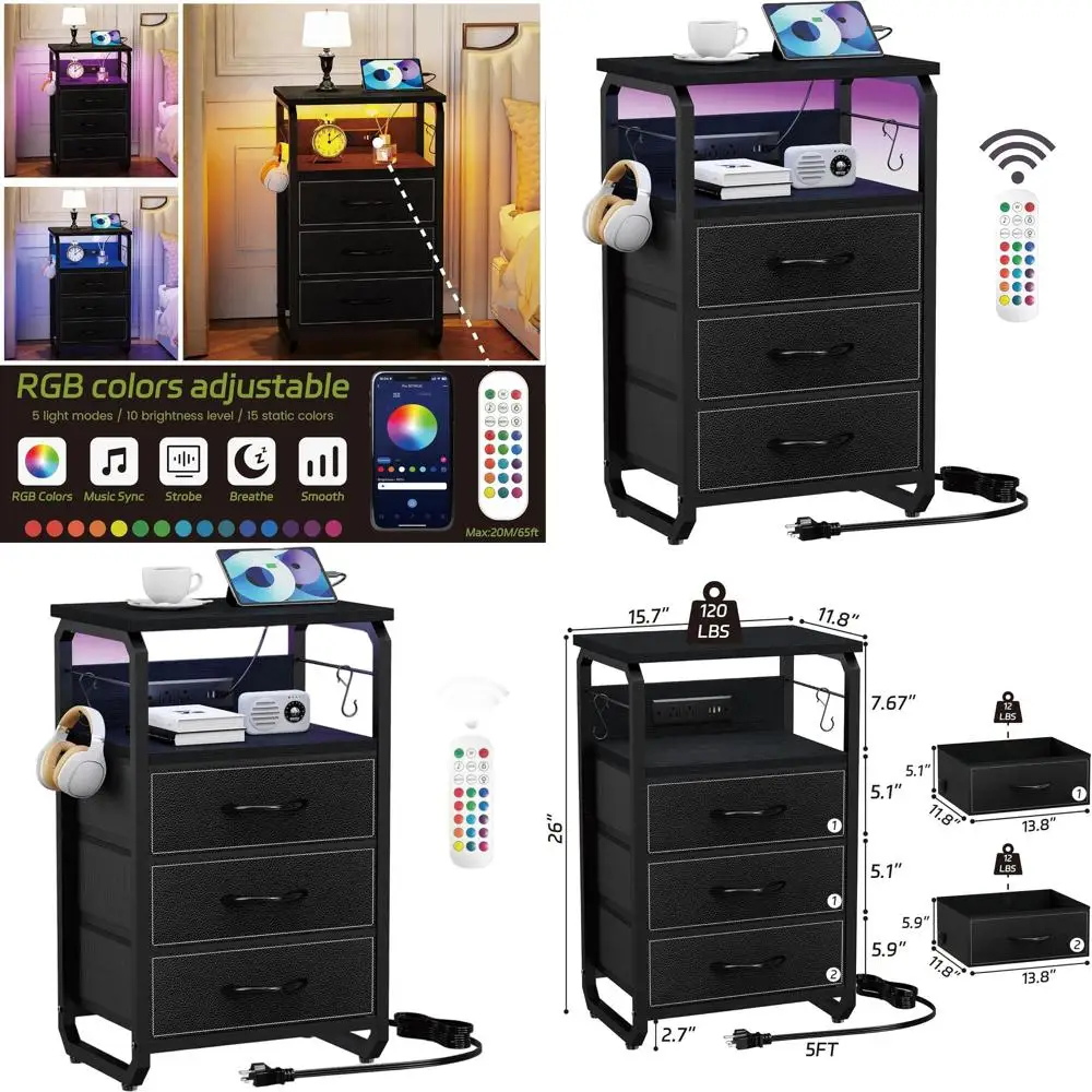 

Тумбочка с 3 ящиками из ткани, черная, со светодиодной подсветкой и крючками, прикроватный столик с зарядной станцией для спален, общежитий, гостиных