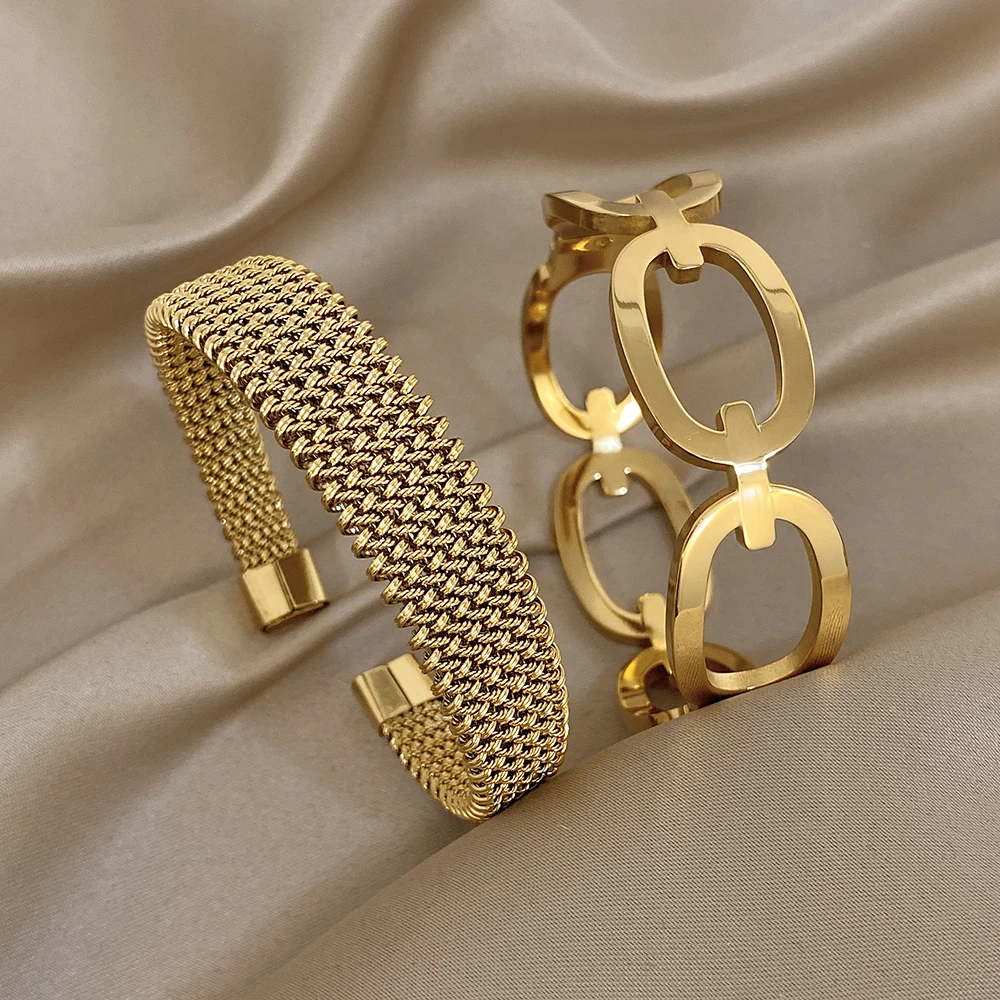 Greatera Edelstahl ineinandergreifende Manschettenarmreifen für Frauen, vergoldet, hohl, geometrisch, grob, fein gewebt, Armbänder, Schmuck