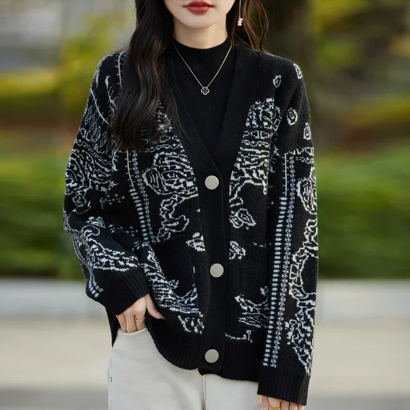 Autumn And Winter New 100% Pure Wool High-End Lazy Women's Thick Warm Cardigan Ink Painting Leisure Knitted Coat