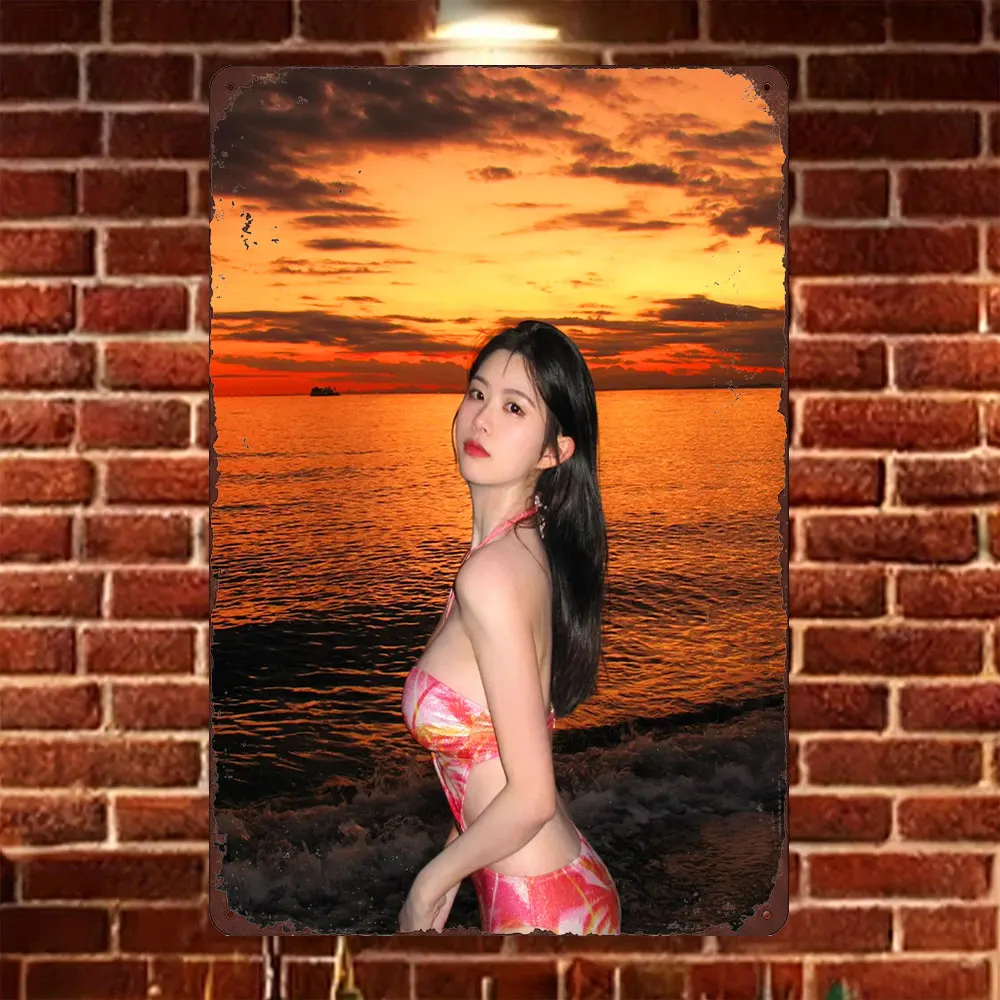 HD Tin Sign Vintage Asian Girl in Pink Swimsuit at Sunset Beach Metal Wall Art Retro Decor for Bar Cafe Home