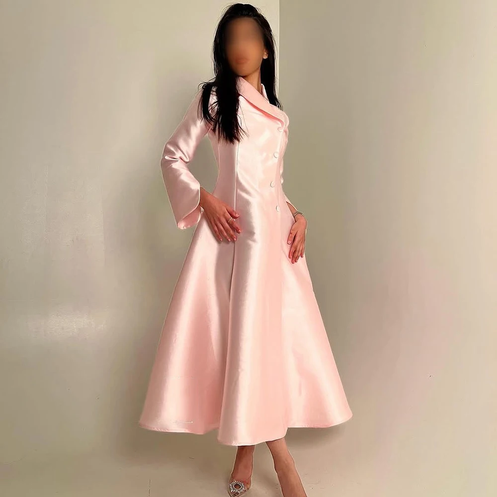 

Customized Pink V-neck Satin Formal Evening Dress Draped With Button A-line Party Dress Full Sleeves Tea-Length Prom Gowns