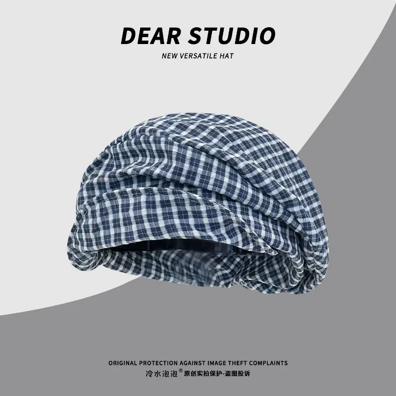 

Japanese Niche Irregular Black and White Plaid Octagonal Newsboy Cap Spring and Autumn Large Version Soft Brim Beret for Women's