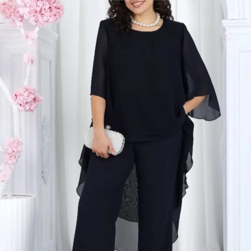 أزياء بلون الشيفون بانت مجموعات الخريف جديد عارضة قطعتين ملابس امرأة أنيقة فضفاضة مكتب حزب كلوبوير مجموعات الصلبة #6