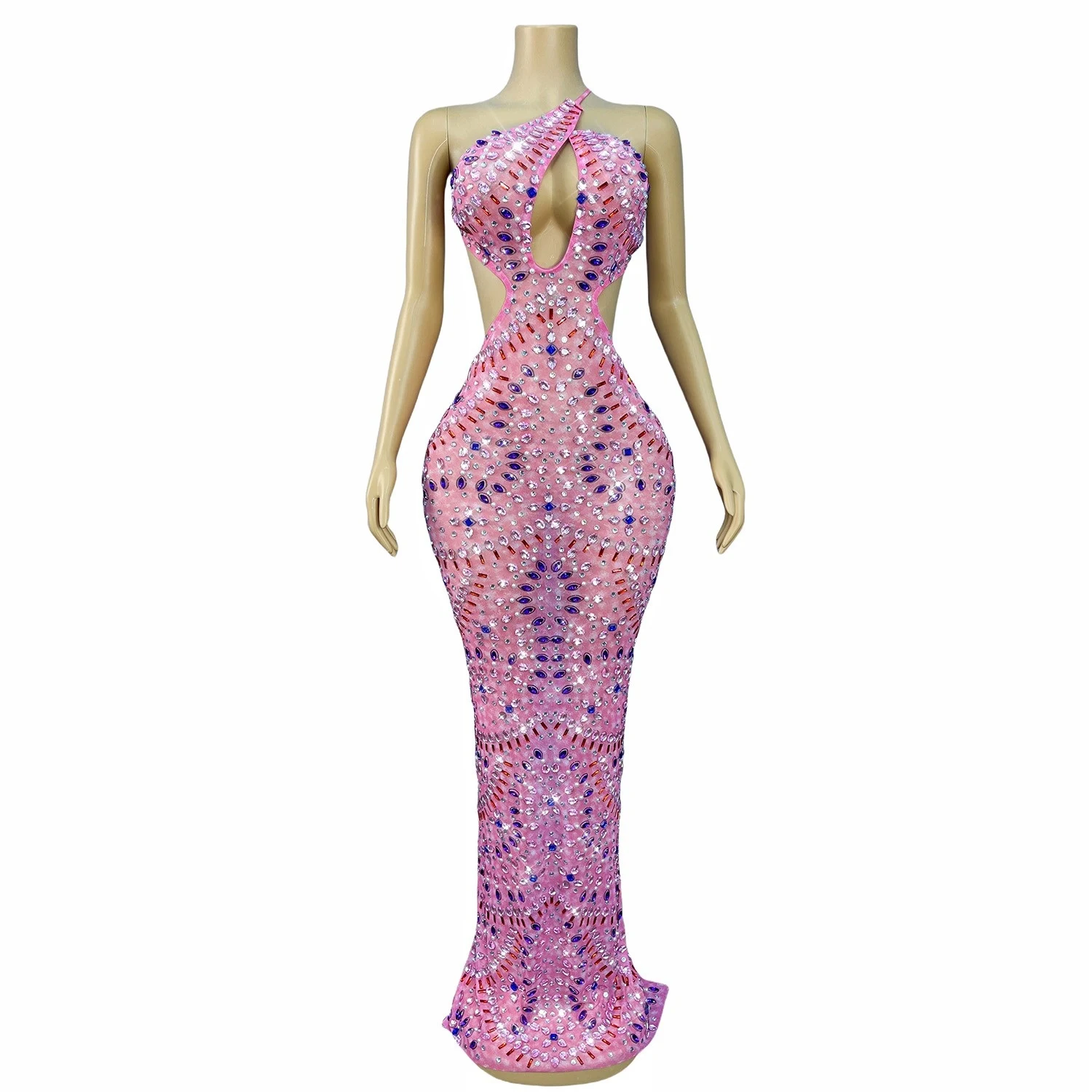 Novo rosa sexy diamante sem costas oco vestido de noite cantor boate bar desempenho trajes palco drag queen roupas dn21592