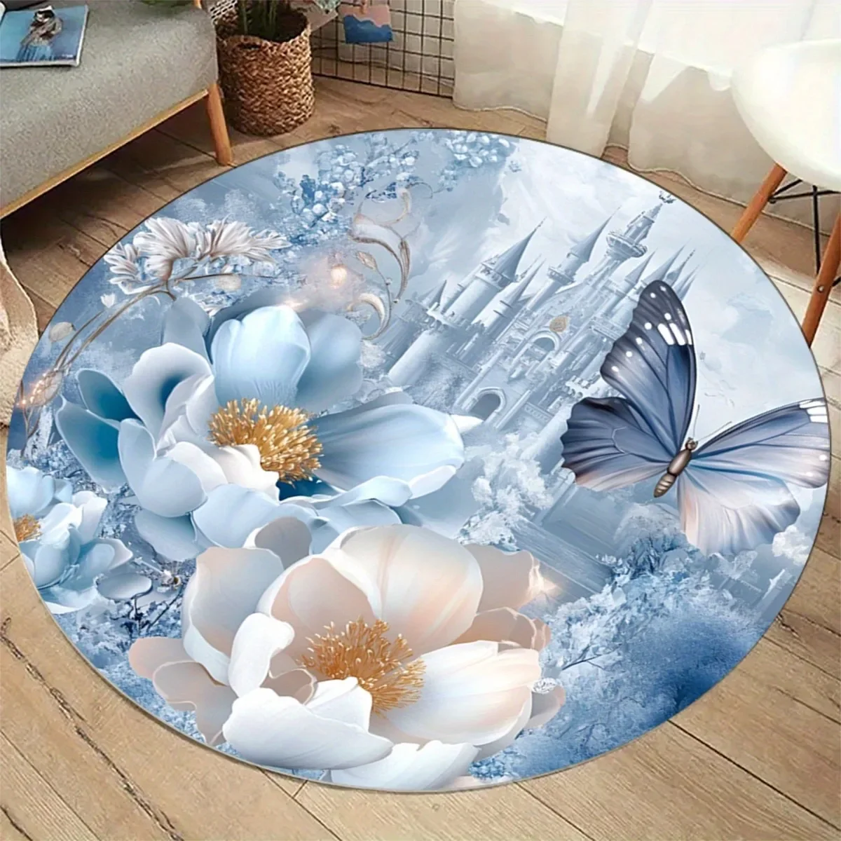 Blue White Flower Butterfly Castle Round Rug Flannel Fantasy Floor Mat Princess Dreamy Decor Girls Room Nursery Living Room Soft