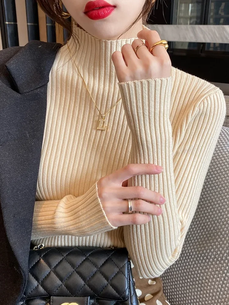 

Long-sleeved Sweater Solid Color Elegant Knitwear Thin Bottoming Shirt Autumn and Winter New Women's Semi-turtleneck