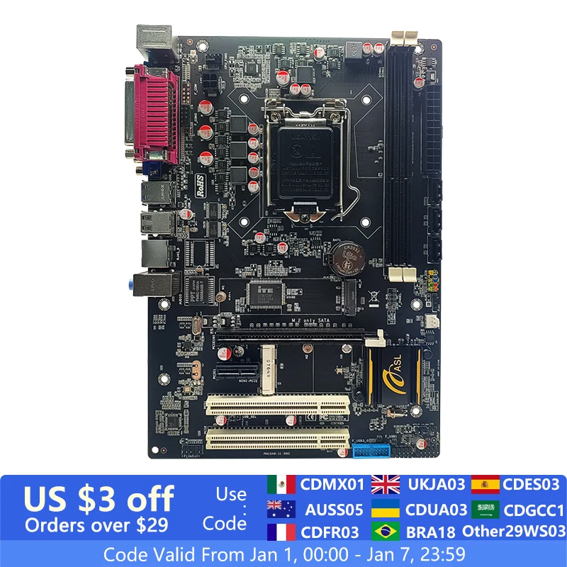 ASL B75 ATX Motherboard Support LGA 1155 Intel Core 2nd 3rd Generation Processor Dual Channel DDR3 Memory M.2 SATA SSD USB 3.0