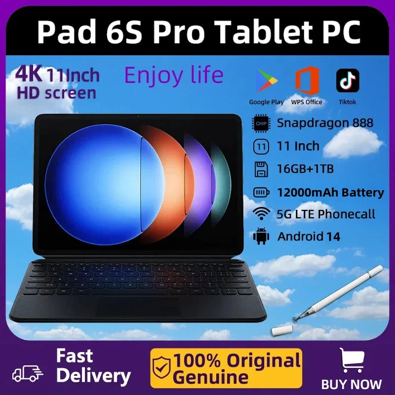 2024 Original Global Version Pad 6 Pro Tablets PC Android 14 Snapdragon 888 12000mAh 11 inch 16GB+1024GB 5G HD 4K Screen WIFI