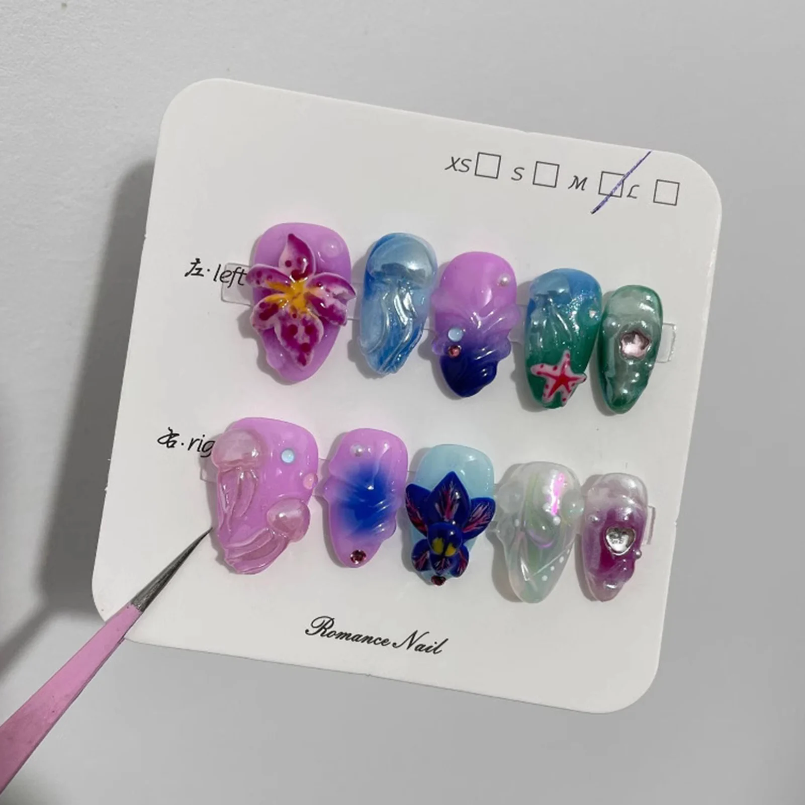 10 stuks handgemaakte oceaanschelp zeester decor druk op nagels draagbaar volledige dekking kunstnagels 3D octopus kwallen ontwerp nepnagels