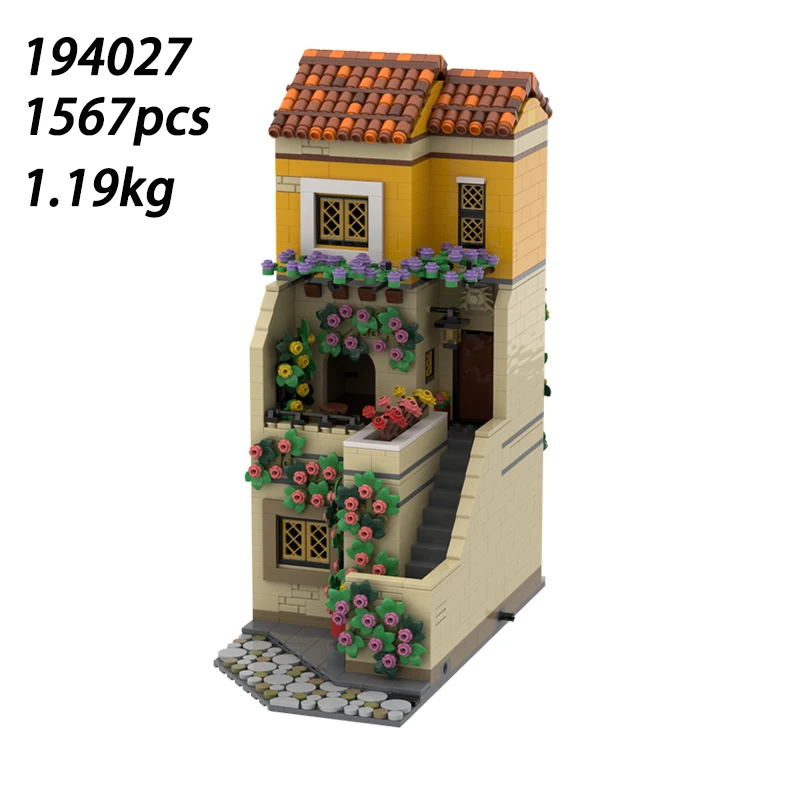 Spot-bloques de construcción de ensamblaje de partículas pequeñas, 194027 199509, escena de calle italiana, juguete de construcción, colección de casa roja, orna