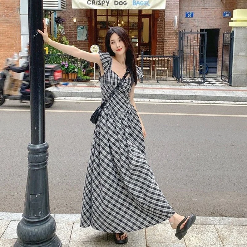 Damen Vintage Tartan Puffärmel Maxikleid Elegantes V-Ausschnitt Slim-Kleid Romantisches Sommerkleid für Dates