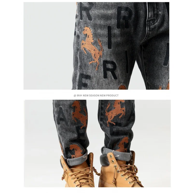 Street fashion jeans men's embroidery stretch ruffle handsome men's trousers Personalised patch Slim straight trousers