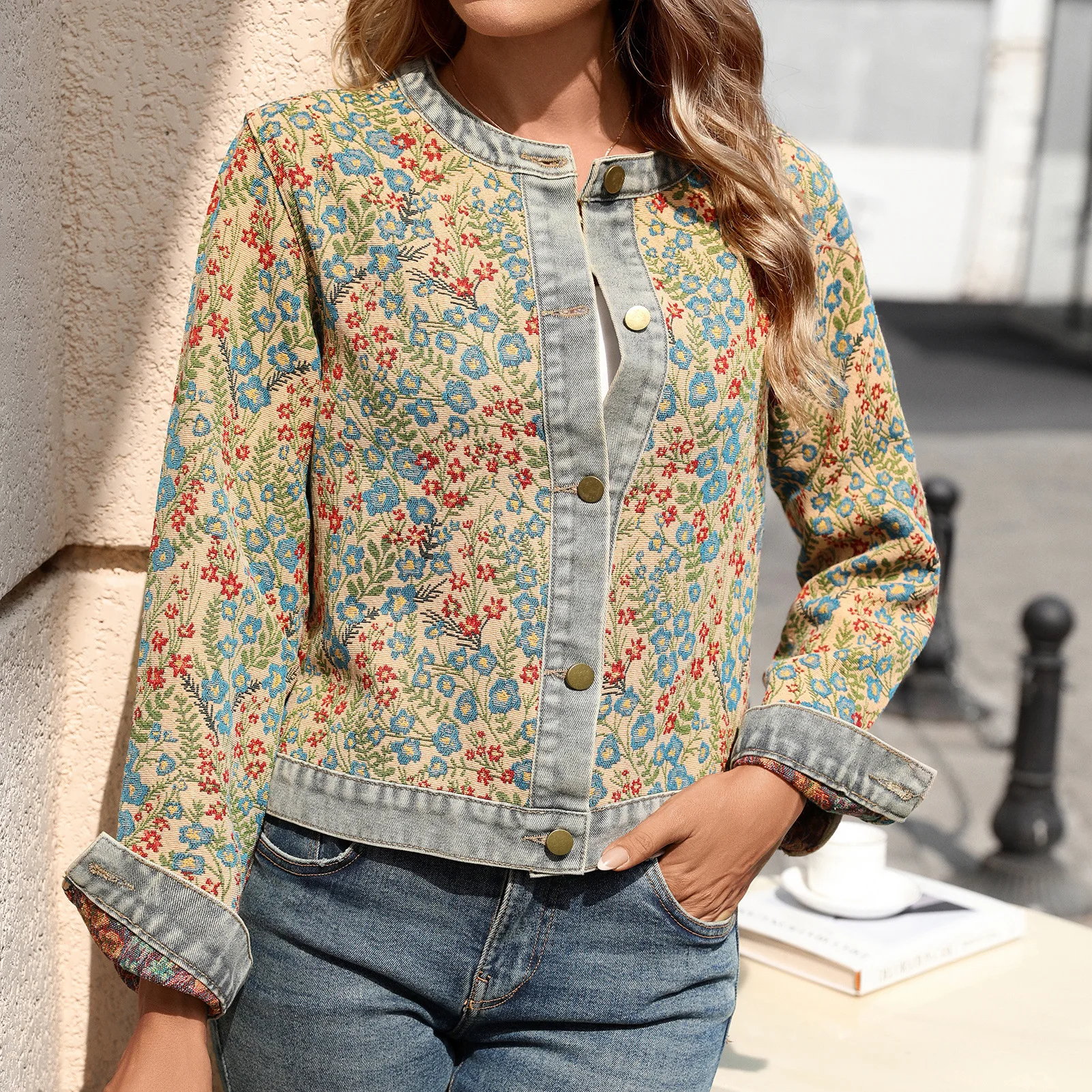 Chic Washed Denim Jackets Outwear Female Denim Coats Outwear Youthful Casual Vintage Jacquard Long-sleeve Jacket for Women Y2K
