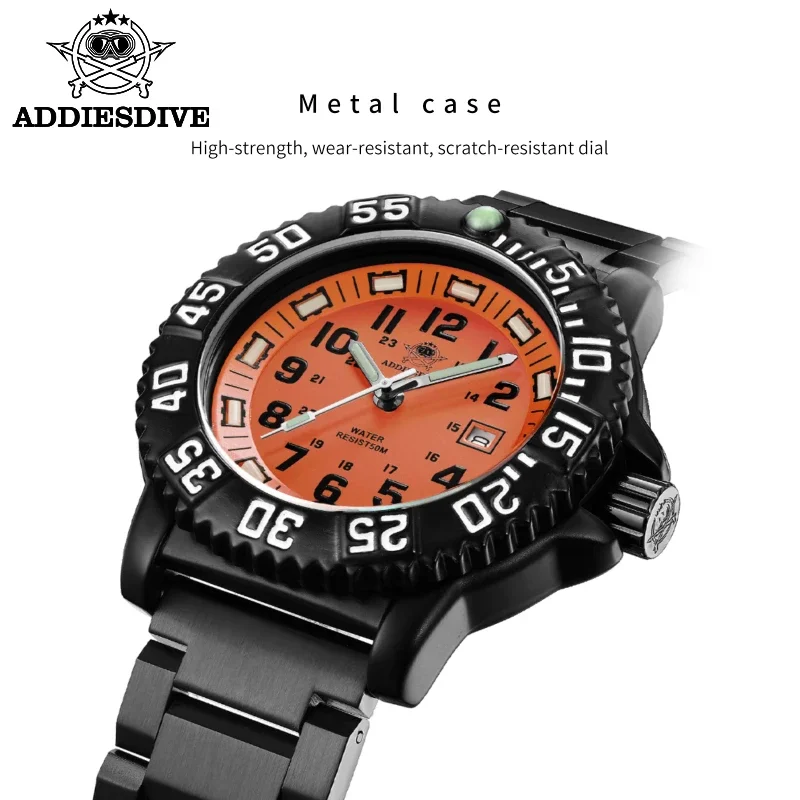 ADDIESDIVE Men\'s Watch Fashion Orange Dial Stainless Steel Outdoor Sports Waterproof Luminous Quartz Wristwatch Reloj Hombre