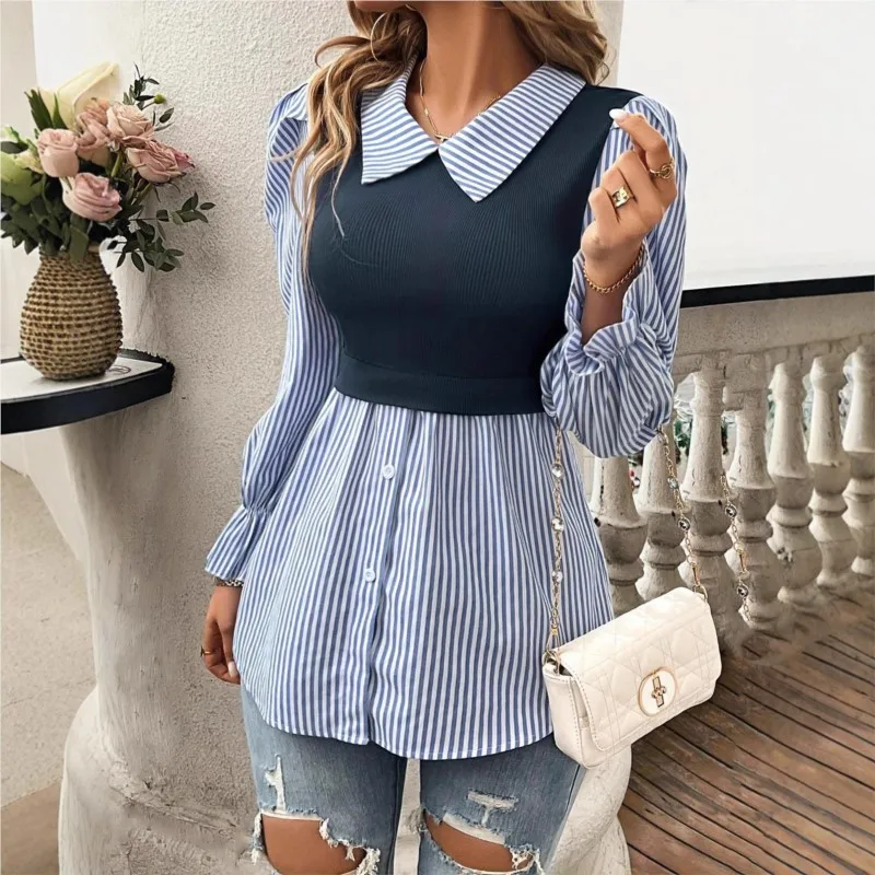 

Women‘s Striped Collared Blouse Spring New Long Sleeve Ruffled Hem Patchwork Slim Casual Shirts Fashion Autumn Chic Layered Top