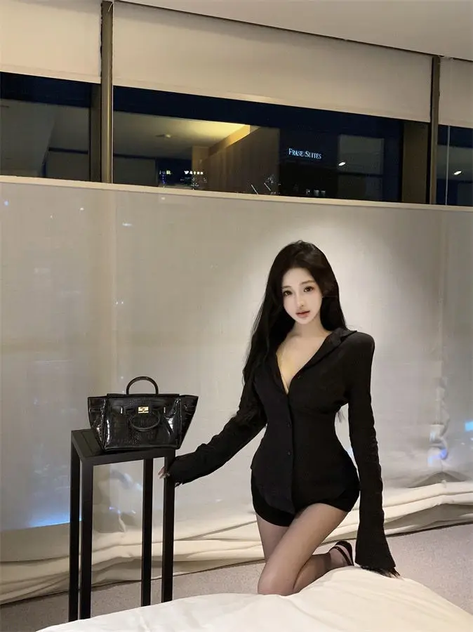 Backless Lace Youthful Fashion Black Long Sleeve Shirt Women V Neck Patchwork Elegant Basic Blouse Lady Office Casual White Top