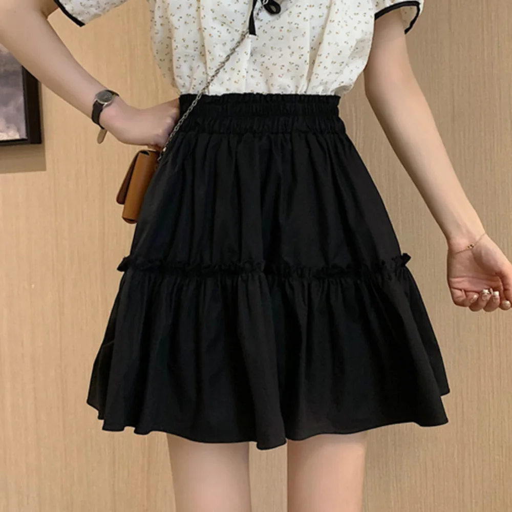 A-line High Waist Pleated Mini Skirts with Safty Pants Elastic Waist Pleated Fluffy Mini Skirt Short Dress Solid Color