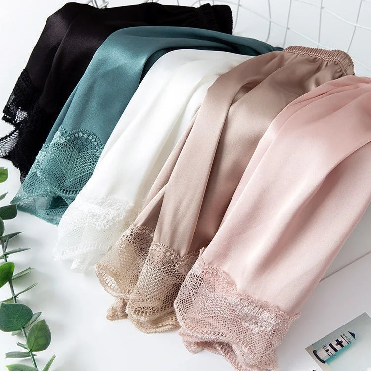 Ice Silk Safety Pants Women's Thin Loose Short Shorts Satin Lace Trim Anti-Light Bottoming Trousers Three-Quarter Length