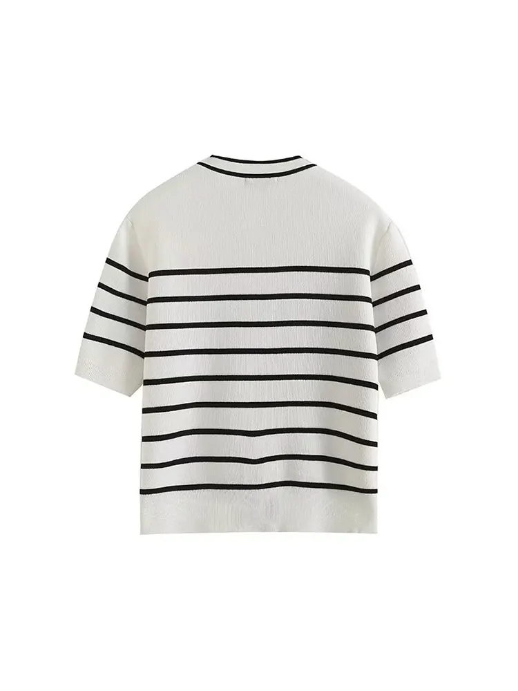 TELLHONEY Women Fashion O-Neck Single Breasted Short Sleeves Cardigans Female Casual Striped Knitted Slim Fittign Sweater Tops