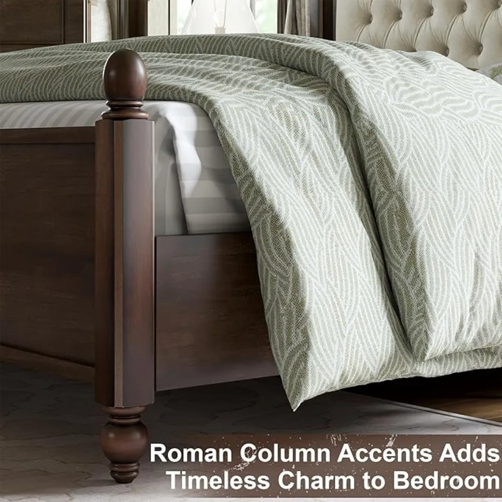Solid Wood Bed Frame Queen Size, Transitional Platform Bed with 52.5" Upholstered Tufted Headboard, Rubberwood/Roman Column image 4