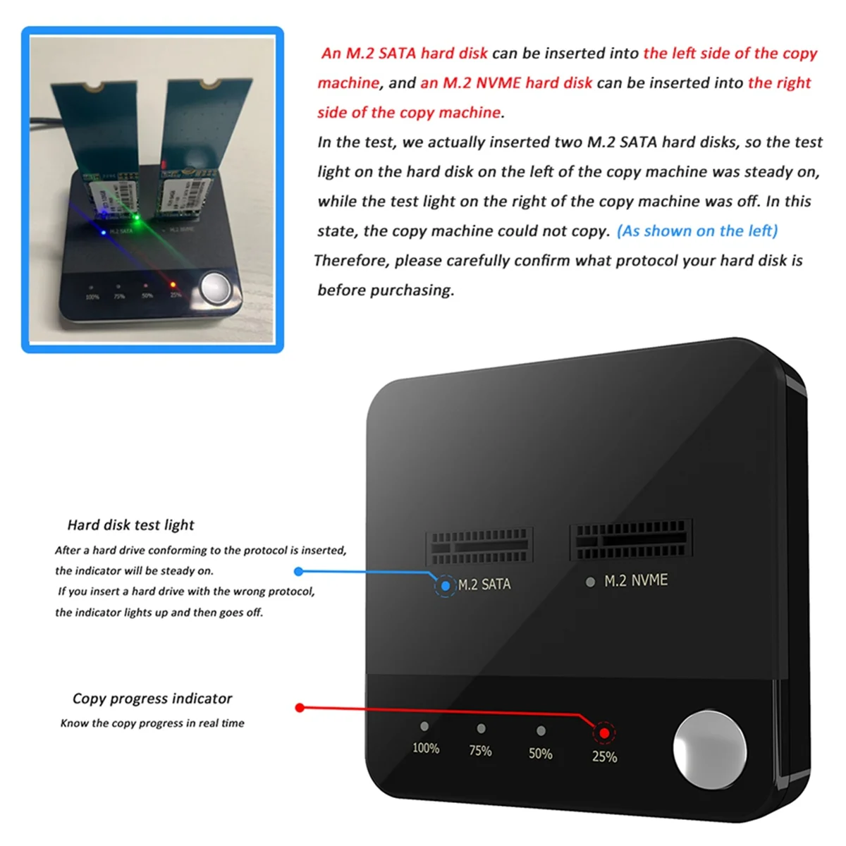 M.2 SATA Duplicator M.2 SATA to Nvme SSD Enclosure External Hard Disk Docking Station with Clone for M2 HDD SSD Reader