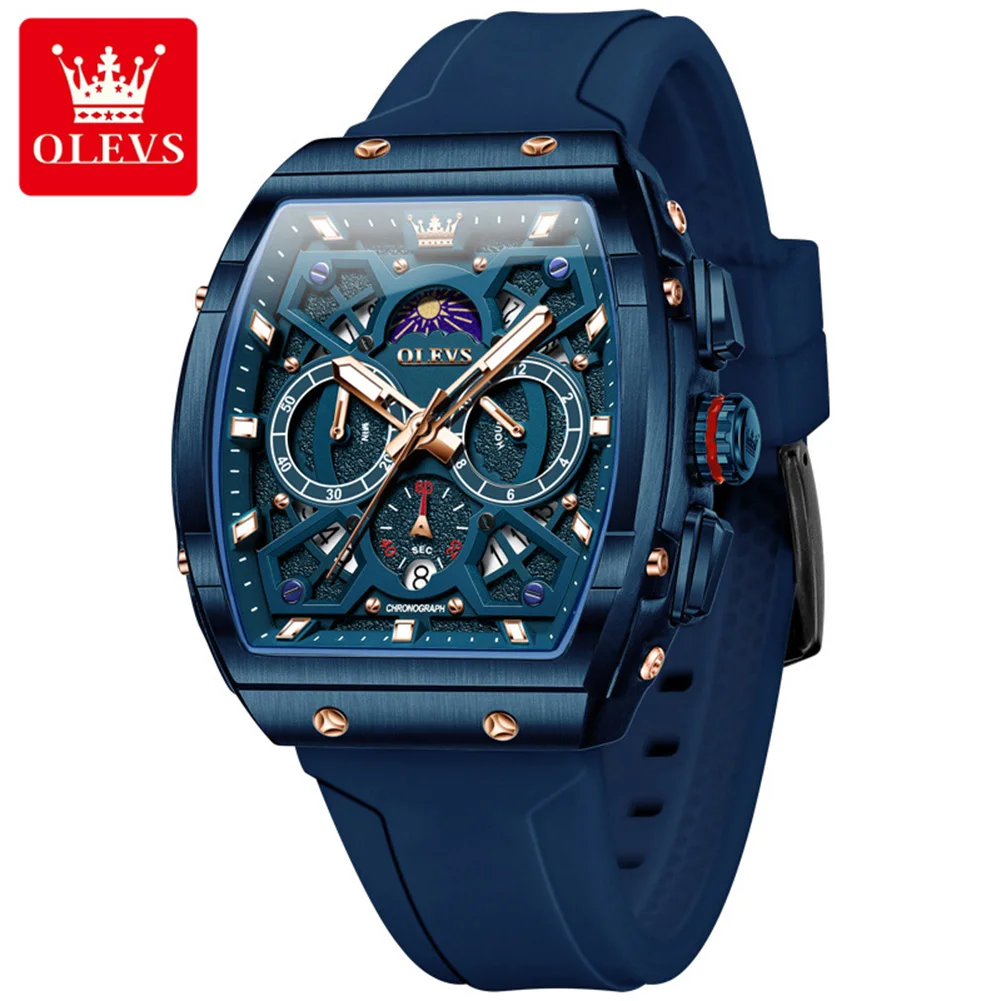 OLEVS Man Watch Fashion Silicone Strap 24 Hour Moon Phase Waterproof Chrono Men's Wrist Watch Original Quartz Watch for Men 2942