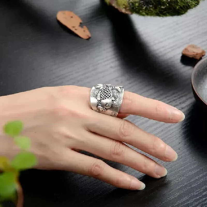 New Vintage Forest Series Carp and Lotus Ring for Women, Simple and Fashionable Thai Silver with Old Patterns, Trendy Open Ring