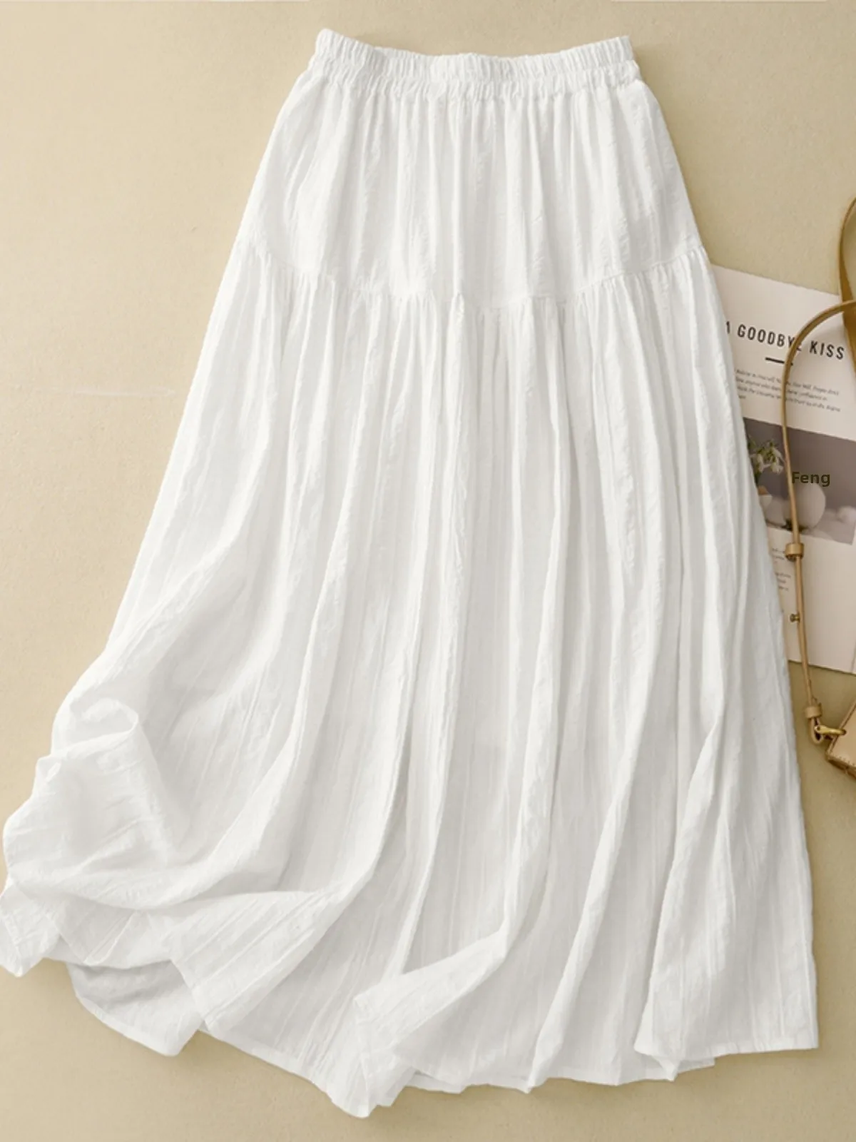 

Ele White Embroidered Elastic Waist Loose Mid-Length A-Line Skirt Women's Summer Faion Commute Sle High Waist Skirt