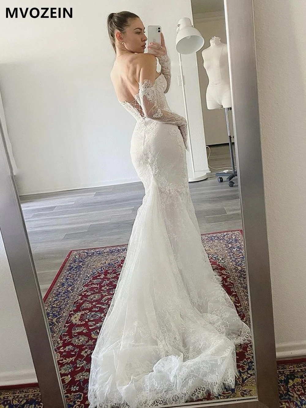MVOZEIN レースマーメイドウェディングドレス恋人パールビーズ花嫁ドレスコートトレインウェディングパーティードレスウェディングドレス