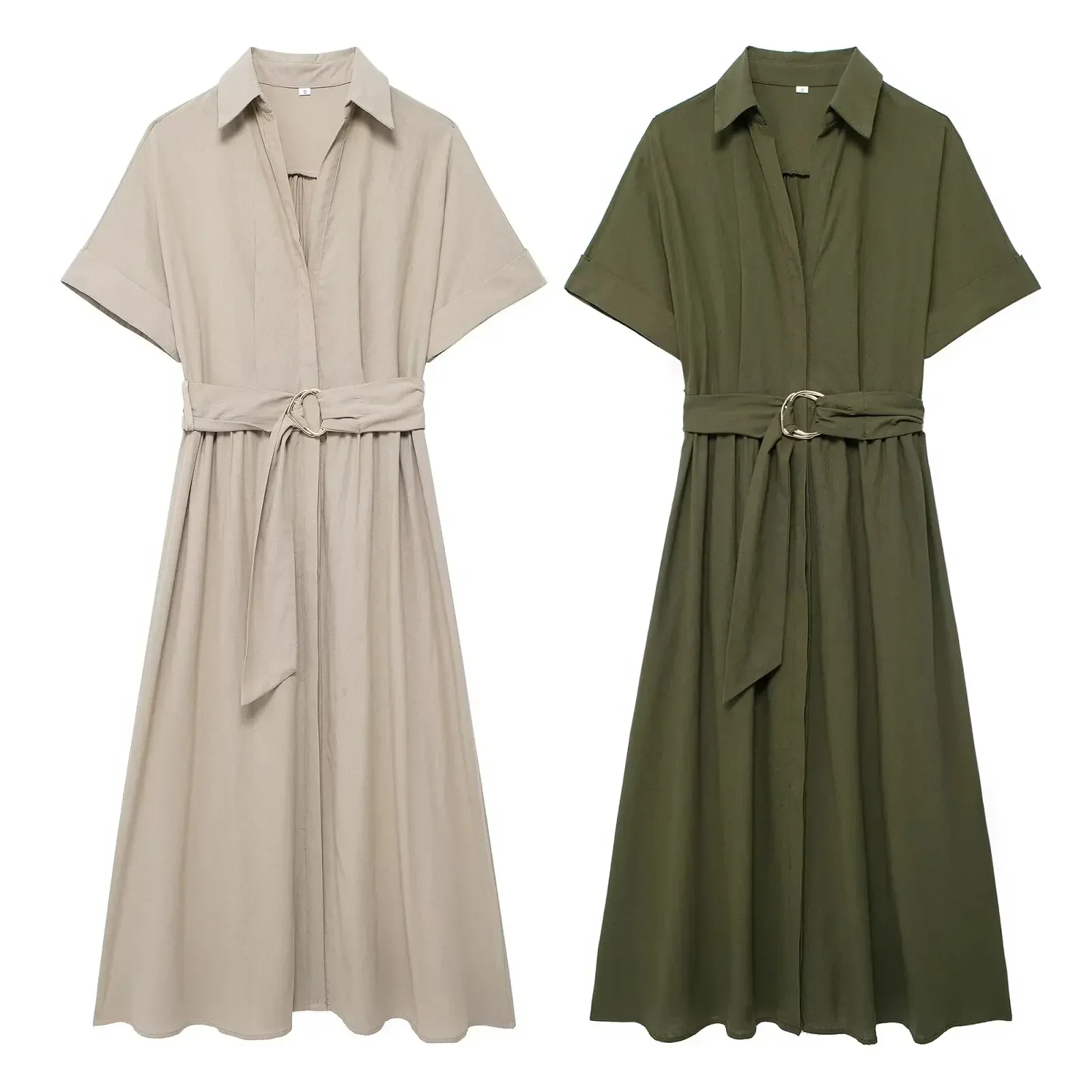 

Women's New Chic Fashion Belt Decoration Casual Linen Blended Shirt Style Midi Dress Retro Short sleeved Women's Dress Mujer