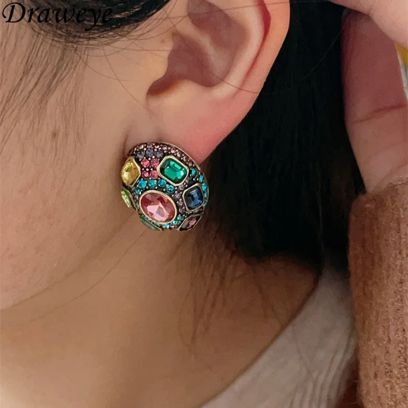 Draweye Colorful Zircon Stud Earrings for Women Medieval Palace Style Vintage Elegant Jewelry Geometric Pendientes Mujer