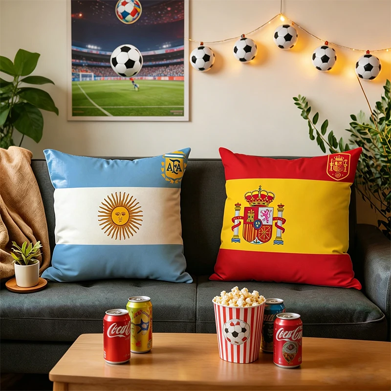 National Flags Printed Pillow Covers Spain Argentina Cotton Football 45x45 Pillow Decorative Cushion Covers for Soccer Fans