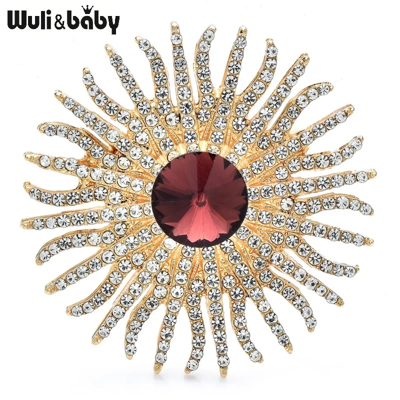 Wuli&baby Shining Crystal Sun Flower Brooches For Women Men 2-color Beautiful Palace Style Round Party Office Brooch Pins Gifts