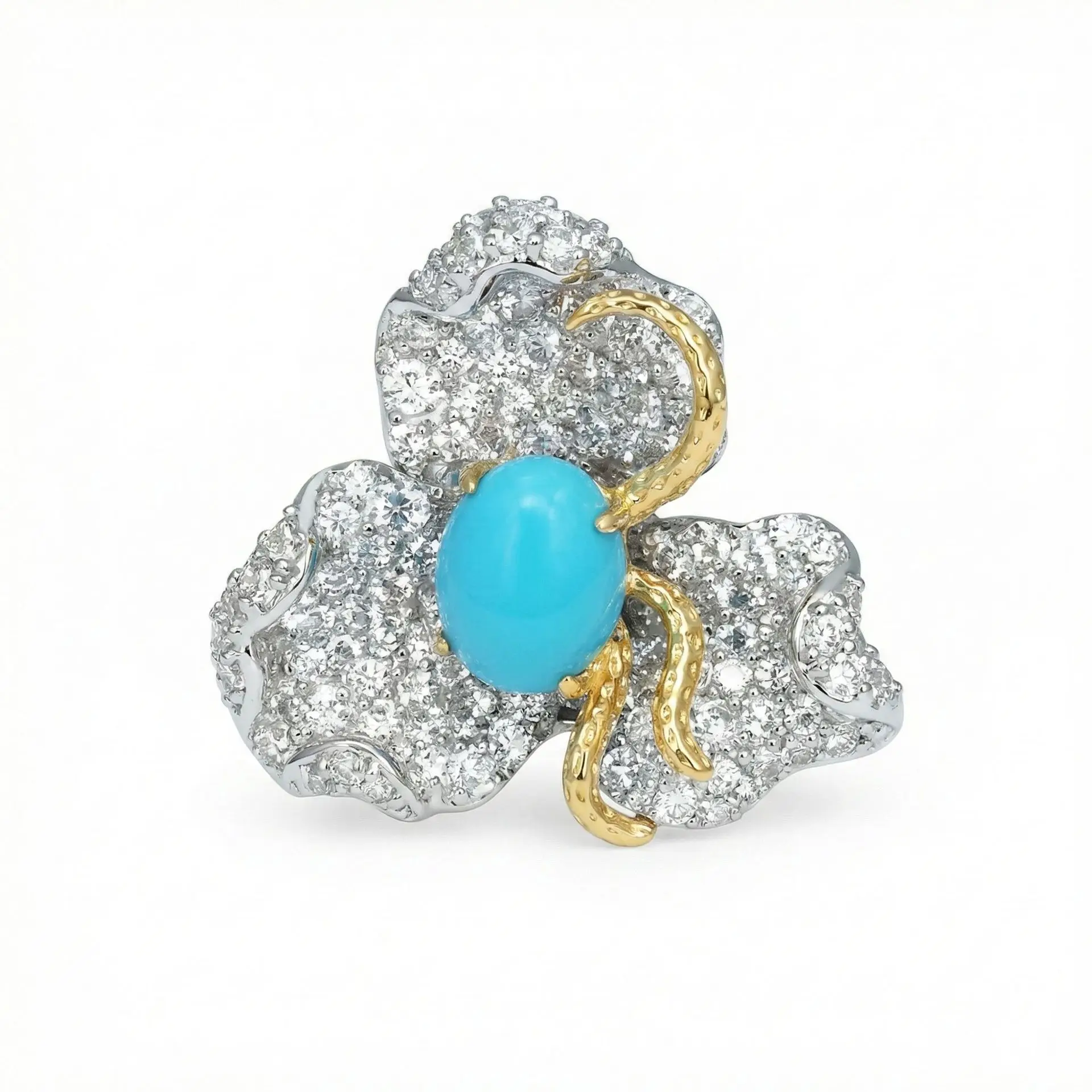 925 Sterling Silver Flower Turquoise Statement Ring 2.2ct  Artificial Oval Gemstone Fine Jewelry for Women's Vacation Party Wear