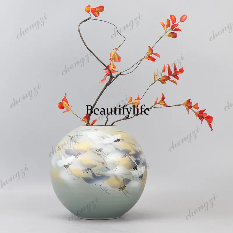 Modern new Chinese hand-painted, ceramic vase ornament, study, living room entrance desktop flower arrangement