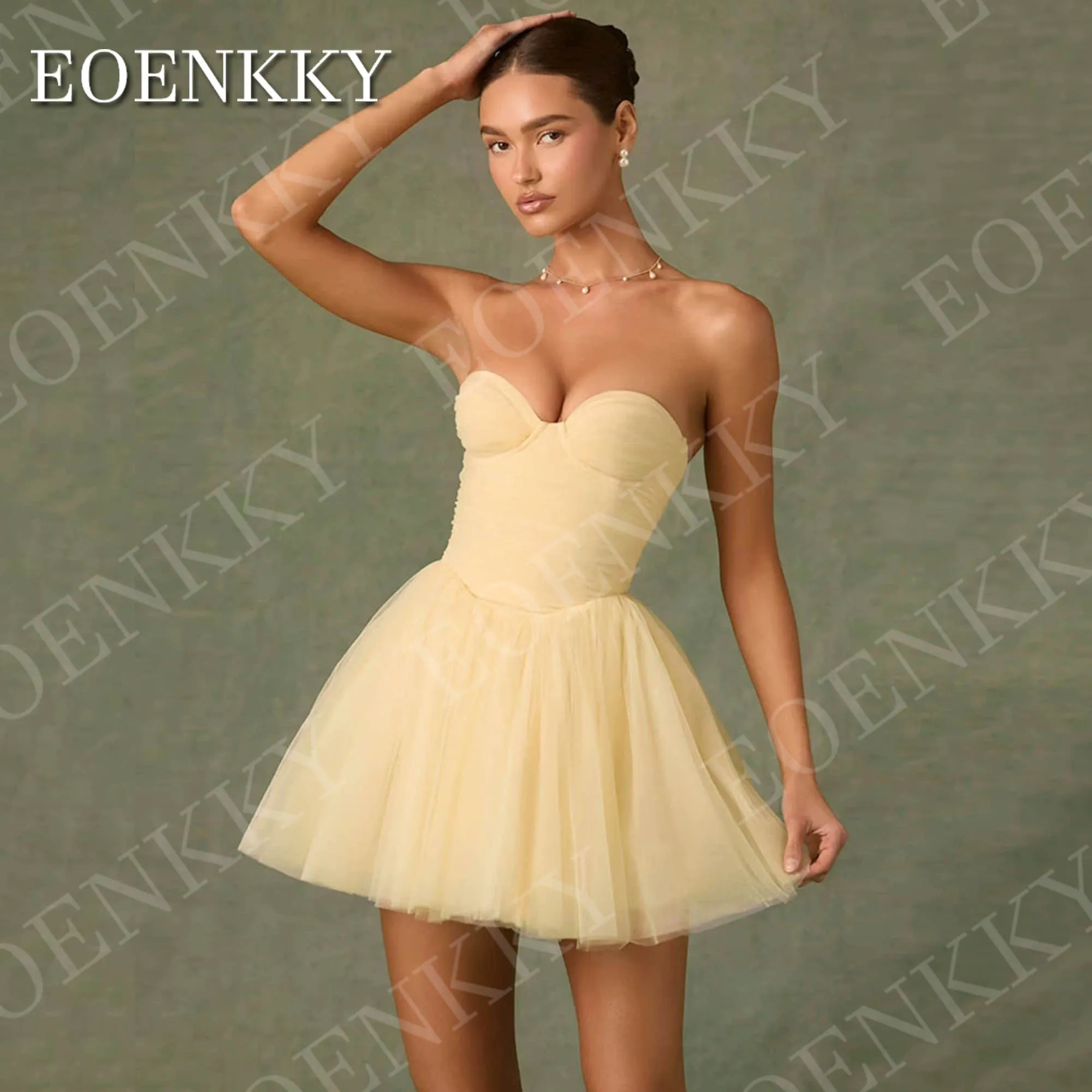 EOENKKY A Line ชุดราตรีสั้นคอหวานสีเหลืองทูเล่ปาร์ตี้มินิค็อกเทลชุดที่กำหนดเอง платье на выпускной