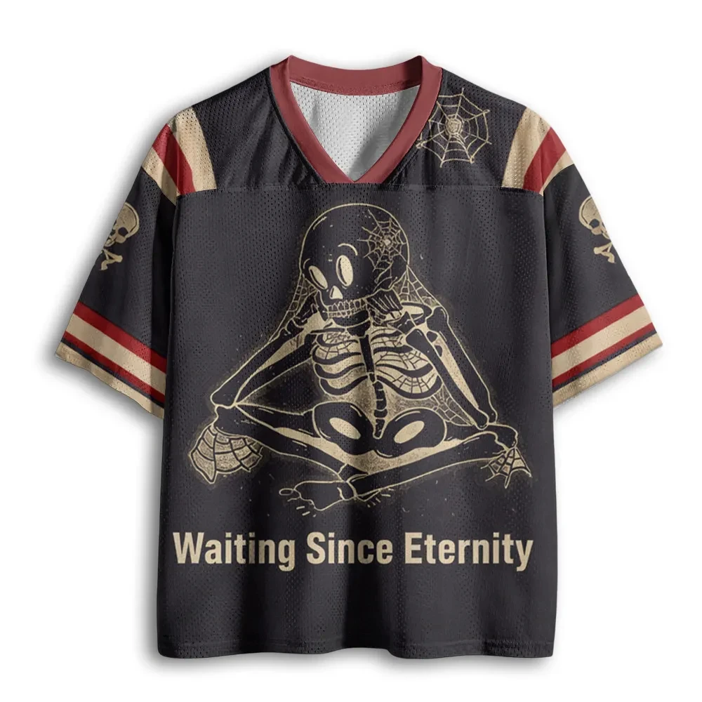 Vintage Meditating Skeleton Spider Web Graphic Mesh Jersey V‑Neck Short Sleeve Loose Sports Top Men Women Streetwear Casual Tee