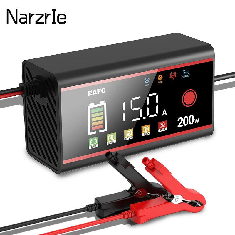 

Интеллектуальное автомобильное зарядное устройство 200 Вт/100 Вт, большая мощность, ремонт автомобильного аккумулятора, ЖК-дисплей для автомобиля LiFePO4 AGM GEL WET, свинцово-кислотный