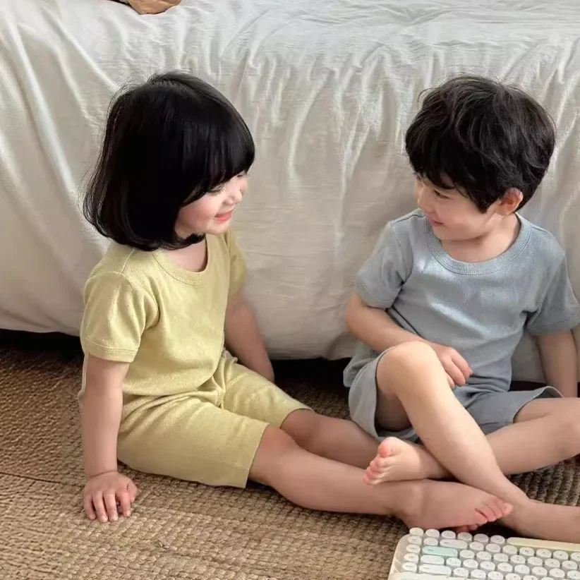 

Soft Breathable Cotton Korean Baby Children Pajamas Set Cute Cartoon Short Sleeve Home Sleepwear Set for1-13Years Old Loungewear